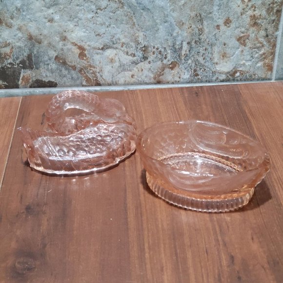 VTG Pink Glass Nesting Swan Covered Trinket Oval Candy Dish Peach Translucent - Picture 6 of 15